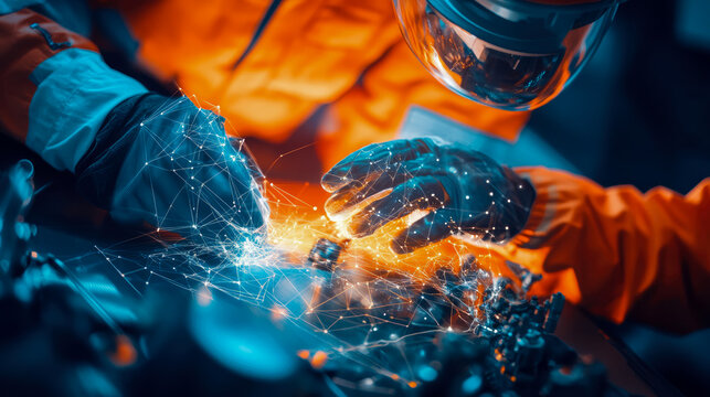 Technician repairing intricate mechanism, digital network overlay