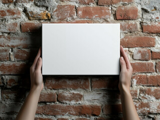 Hands holding blank canvas against brick wall. Blank sign held by hands on brick background