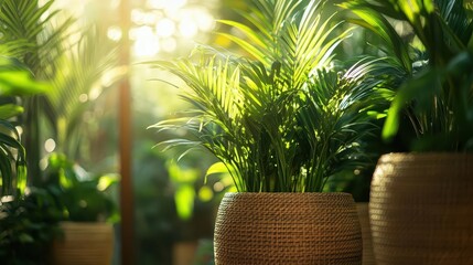 Obraz premium Indoor garden setup, close-up of lush plants in bright sunlight, modern home