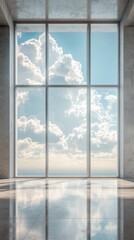 Fototapeta premium Modern architectural space with expansive windows showcasing cloudy sky and minimalistic design elements