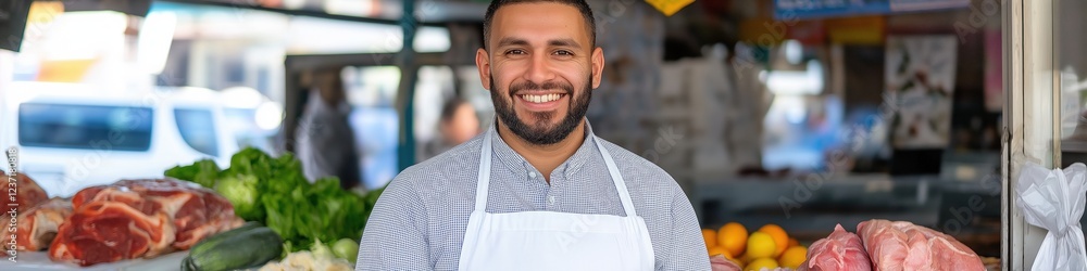 Poster a man is smiling and standing in front of a meat stand. there are several pieces of meat on display,