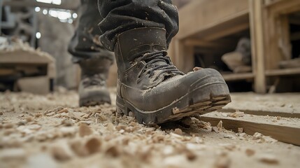 Steel-toed boots stepping on wood shavings in a workshop environment during a carpentry project