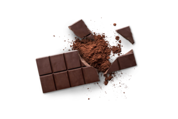Broken organic dark chocolate bar and chocolate powder isolated on a transparent background with shadow from above, top view, png