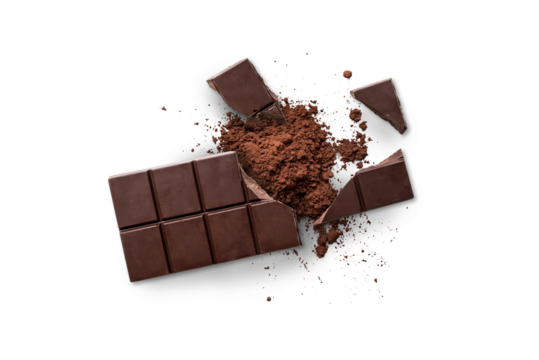 Broken organic dark chocolate bar and chocolate powder isolated on a transparent background with shadow from above, top view, png