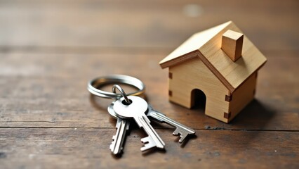 Wooden house model with keychain and two keys, homeownership concept
