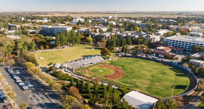 Aerial view of UC Davis campus with a soccer field and baseball diamond. Students and faculty likely enjoying a sunny day on campus. Davis, California, USA