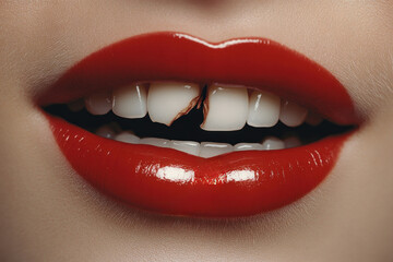 Fototapeta premium Bad teeth ruin the smile of a girl with bright red lipstick