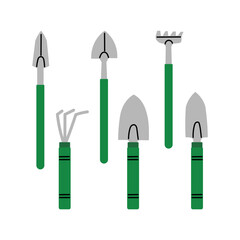 Garden tools set in cartoon style – shovels, rake, trowels, and hand cultivator.