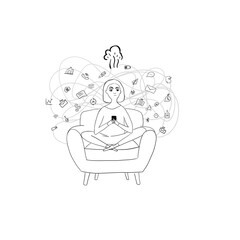 A girl with a phone overloaded with information. Isolated on white background. Outline illustration.