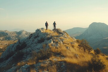 Two hikers traverse rocky terrain, with one helping the other ascend to the mountain peak as the sun sets in the background