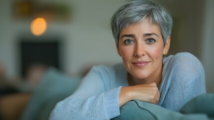 Obraz premium Mature woman with short gray hair relaxing indoors in a cozy atmosphere with a gentle smile