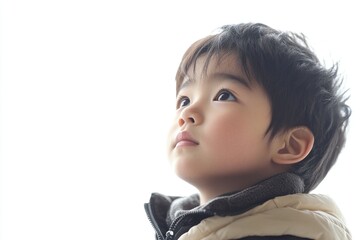 A young Japanese boy looks to the left with a thoughtful expression, displaying curiosity and contemplation in a well-lit space