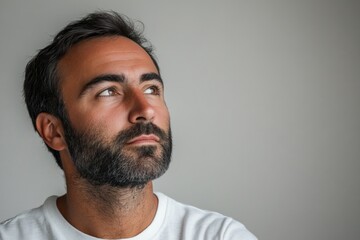 Fototapeta premium A man with a beard looks thoughtfully to the left while appearing deep in his thoughts in a simple, neutral space