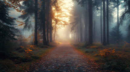 Fototapeta premium Golden Sunlight Illuminates Forest Path With Autumn Foliage Reflections. Foggy Morning Path Through Forest With Vibrant Autumn Leaves