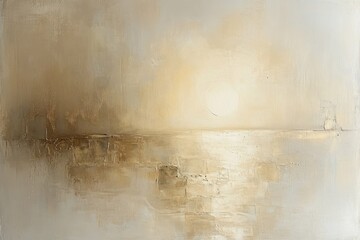 This contemporary abstract artwork features light beige tones, depicting a serene sunset over calm waters, evoking peace and tranquility