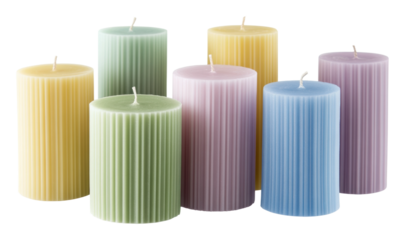 Colorful ribbed candles in various sizes isolated on transparent background