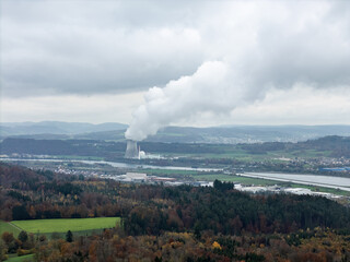 Black Forest with view over the Rhine with industrial area, nuclear power plant and Alps in the...