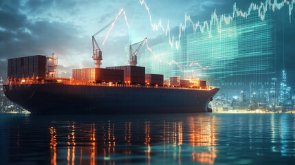 Obraz premium Oil Container Being Loaded onto a Cargo Ship, Featuring Background Energy Market Graphs Illustrating the Fluctuating Global Prices of Petroleum