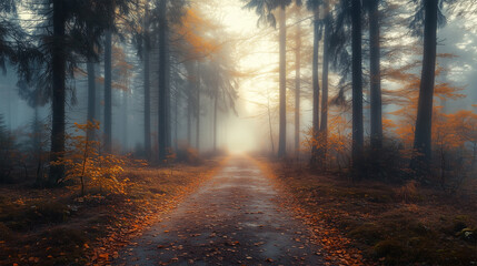 Fototapeta premium Golden Sunlight Illuminates Forest Path With Autumn Foliage Reflections. Foggy Morning Path Through Forest With Vibrant Autumn Leaves