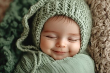 A newborn smiles contently while wrapped in a soft green blanket, creating a serene and warm atmosphere perfect for relaxation