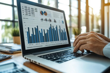 A pensioner is focused on managing finances with graphs and charts displayed on a laptop in a well-lit office environment