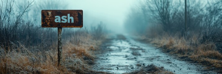 Misty Rural Landscape Featuring a Rusty Sign with the Word "Ash" Along a Narrow, Foggy Path Surrounded by Tall Dry Grass and Bare Trees