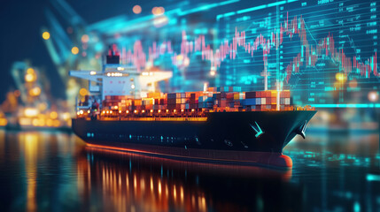 Obraz premium Oil Container Being Loaded onto a Cargo Ship, Featuring Background Energy Market Graphs Illustrating the Fluctuating Global Prices of Petroleum