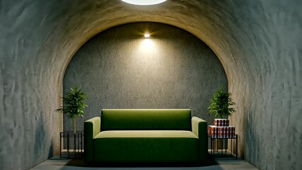 Modern minimalist underground living room features sleek green sofa, ideal for cozy retreats or relaxation