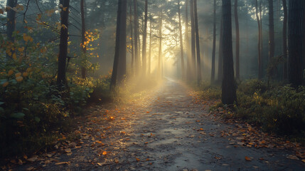 Obraz premium Golden Sunlight Illuminates Forest Path With Autumn Foliage Reflections. Foggy Morning Path Through Forest With Vibrant Autumn Leaves