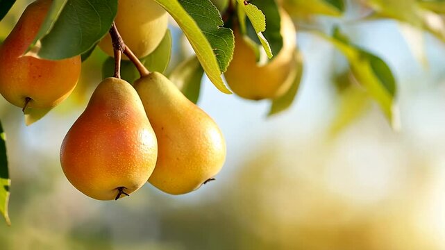 Ripe pears hanging from a tree branch in sunlight, symbolizing harvest season and autumn
