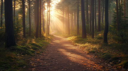 Fototapeta premium Golden Sunlight Illuminates Forest Path With Autumn Foliage Reflections. Foggy Morning Path Through Forest With Vibrant Autumn Leaves