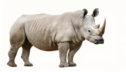 Obraz premium A rhino isolated on a white background, showcasing its thick, textured skin, strong build, and distinctive horn, representing power, wildlife, and conservation themes.