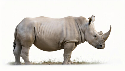 A rhino isolated on a white background, showcasing its thick, textured skin, strong build, and distinctive horn, representing power, wildlife, and conservation themes.