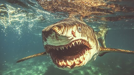 Oceanic shark underwater close-up, ocean background, wildlife photography