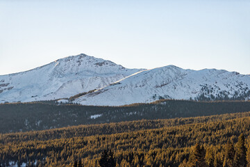 Vail, Colorado to Frisco Western Slope snowcapped rocky mountains of Gore Range in winter weather...
