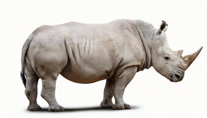 Obraz premium A rhino isolated on a white background, showcasing its thick, textured skin, strong build, and distinctive horn, representing power, wildlife, and conservation themes.