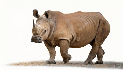 Obraz premium A rhino isolated on a white background, showcasing its thick, textured skin, strong build, and distinctive horn, representing power, wildlife, and conservation themes.