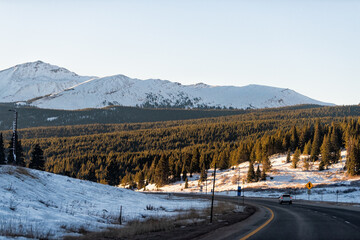 Vail, Colorado to Frisco Western Slope interstate highway with snowcapped rocky mountains of Gore...
