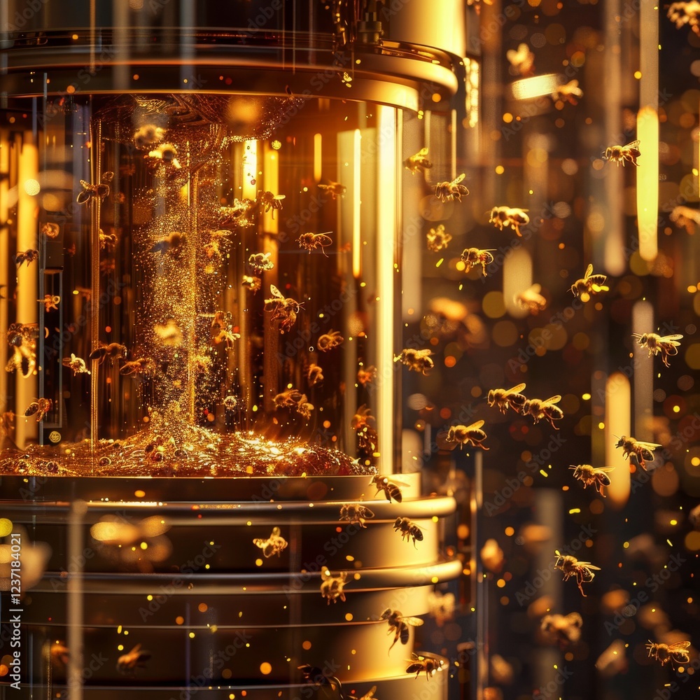 Poster futuristic robotic beehive with automated honey extraction system revolutionizing beekeeping industr