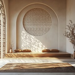 A minimalist Ramadan podium featuring Arabic geometric patterns, empty and full of spiritual meaning
