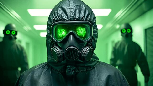 Three individuals in hazmat suits with glowing green goggles walk down an eerie hallway, related to concepts of biohazard safety and pandemic awareness