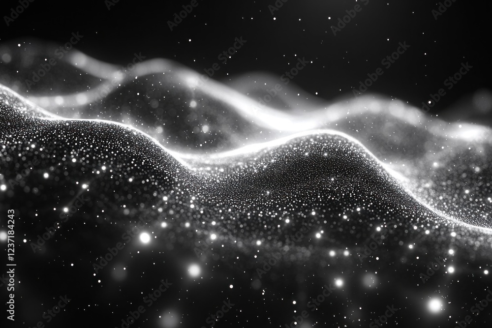 Poster flowing lines and shimmering dots create an abstract pattern against a black backdrop, evoking a sen