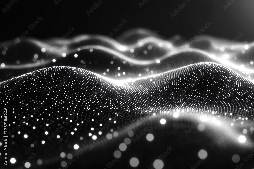 Poster abstract design features white lines and dots on a black background, evoking waves and movement whil