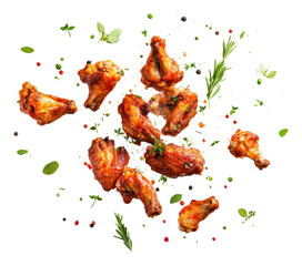 Crispy chicken wings with herbs and spices falling isolated on transparent background