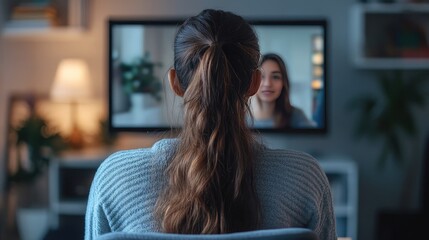 Indian girl communicating with a friend online via video call, view over her shoulder. Mental health expert online therapy, colleagues working on a common project via videoconferencing