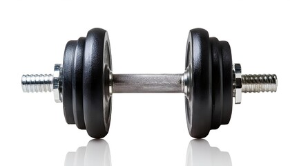 Fototapeta premium A sleek, heavy-duty dumbbell with a chrome handle and black rubber-coated weights, isolated on a white background, representing fitness, strength, and training essentials
