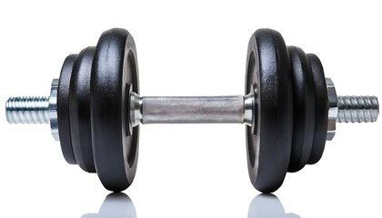 A sleek, heavy-duty dumbbell with a chrome handle and black rubber-coated weights, isolated on a white background, representing fitness, strength, and training essentials