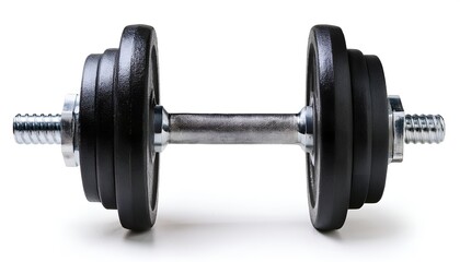 A sleek, heavy-duty dumbbell with a chrome handle and black rubber-coated weights, isolated on a white background, representing fitness, strength, and training essentials