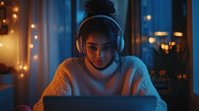Indian female wearing headphones sitting in front of a laptop engaged in a video call with an African woman colleague, psychologist or counselor