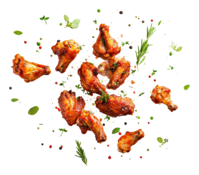 Crispy chicken wings with herbs and spices falling isolated on transparent background - Powered by Adobe